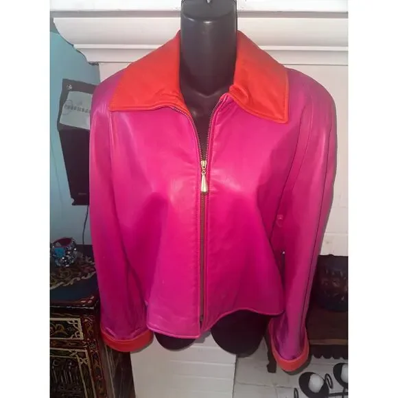 VINTAGE 80's UNWORN VAKKO PINK/ORANGE GLOVE LEATHER JACKET MOD S - Picture 2 of 11